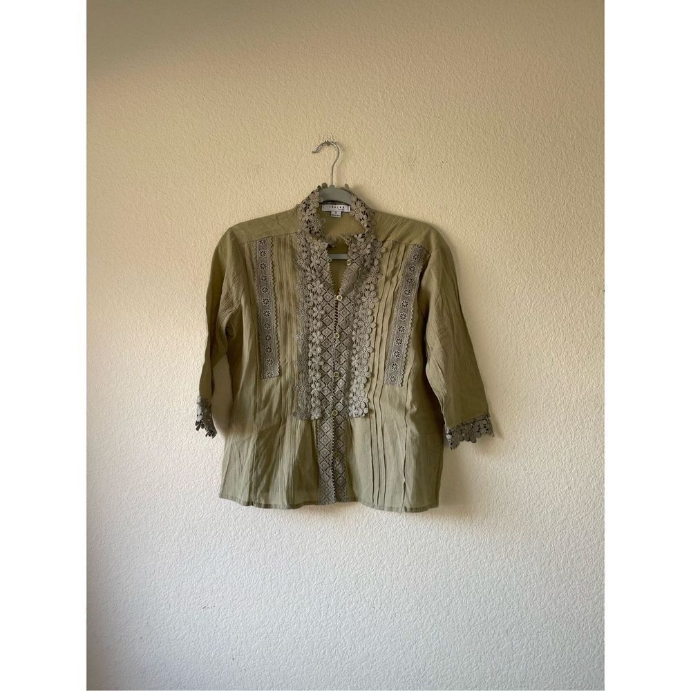 Favlux Green Striped Floral Embroidered 3/4 Sleeve‎ Button Down